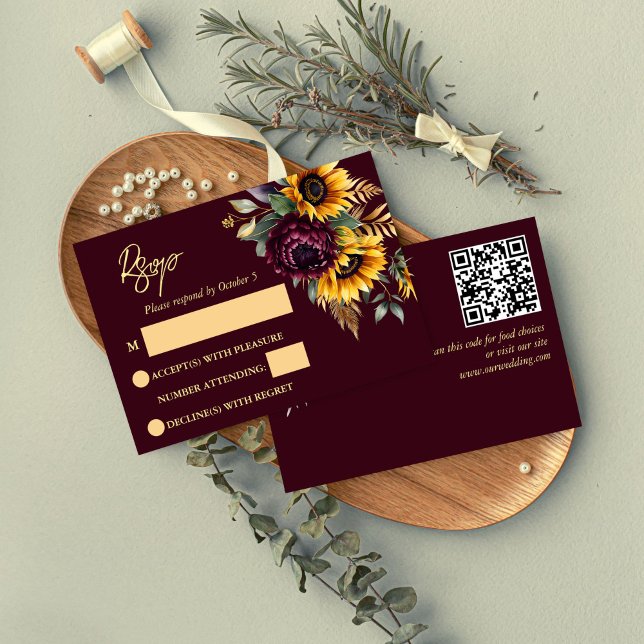 Cartons Réponse Automne été mariage bordeaux tournesols (Fall summer wedding burgundy sunflowers QR RSVP card modern casual font rustic wedding RSVP)