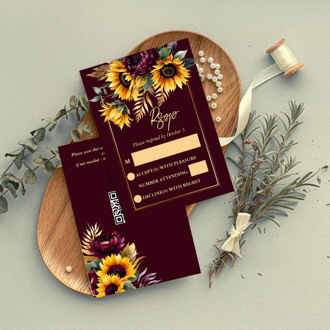 Cartons Réponse Automne été mariage bordeaux tournesols (Fall summer wedding burgundy sunflowers RSVP card floral RSVP card modern QR rsvp card)
