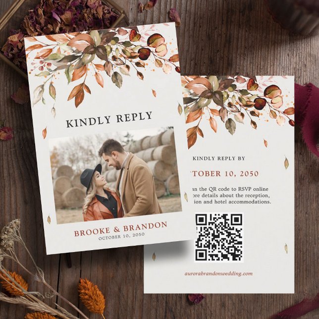 Cartons Réponse Automne Feuilles Rustiques Mariage campagnard QR C (Fall Autumn wedding QR code RSVP card)
