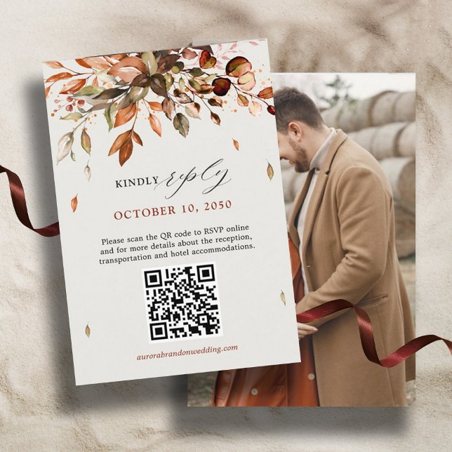 Cartons Réponse Automne Feuilles Rustiques Mariage campagnard QR C (Fall Wedding photo QR code RSVP card)