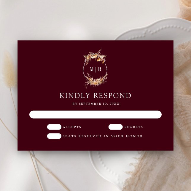 Cartons Réponse Automne Fleur sauvage Crest Bourgogne Mariage (Créateur téléchargé)