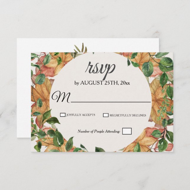 Cartons Réponse Automne Orange verdure Floral Aquarelle Mariage (Devant / Derrière)