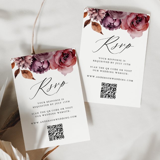Cartons Réponse Automne rustique Marsala Floral Code QR Mariage (Créateur téléchargé)