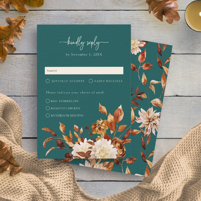 Cartons Réponse Automne sarcelle (Teal Fall Rustic Leaves Floral RSVP Card by Painted Paperie
)