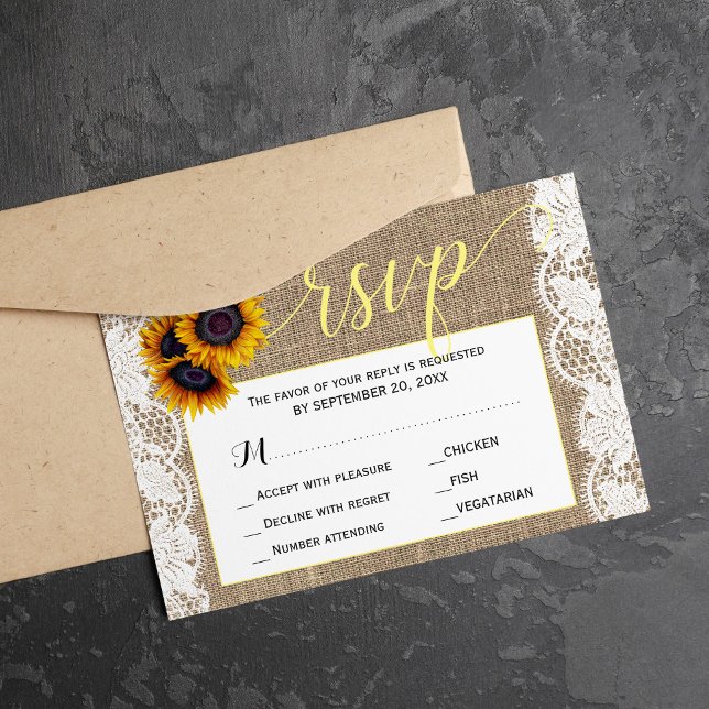 Cartons Réponse Automne tournesol rustique burlap mariage script r (Créateur téléchargé)
