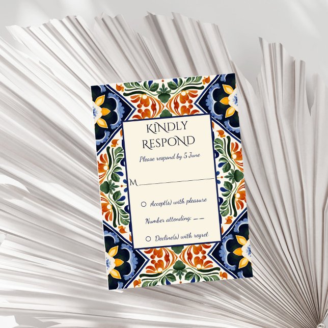 Cartons Réponse Azulejo bleu Talavera vintage mariage mexicain (Azulejo blue Talavera Mediterranean tiles vintage Mexican wedding invitations RSVP Card )