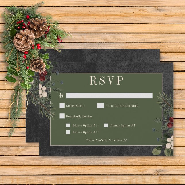 Cartons Réponse Baies d'hiver rustiques et dîner noir de pin (Rustic Winter Berries & Pine Black Wedding Response Card with Dinner Options)