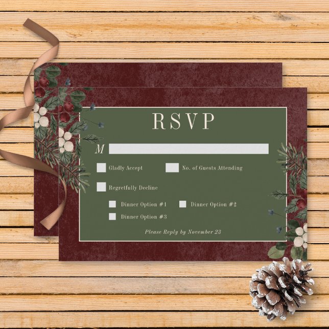 Cartons Réponse Baies d'hiver rustiques & Pine Burgundy Dîner (Rustic Winter Berries & Pine Burgundy Wedding Wedding Response Card with Dinner Options)