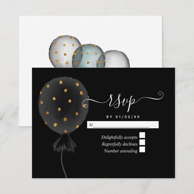 Cartons Réponse Ballon de mariage pailleté noir et or (Devant / Derrière)