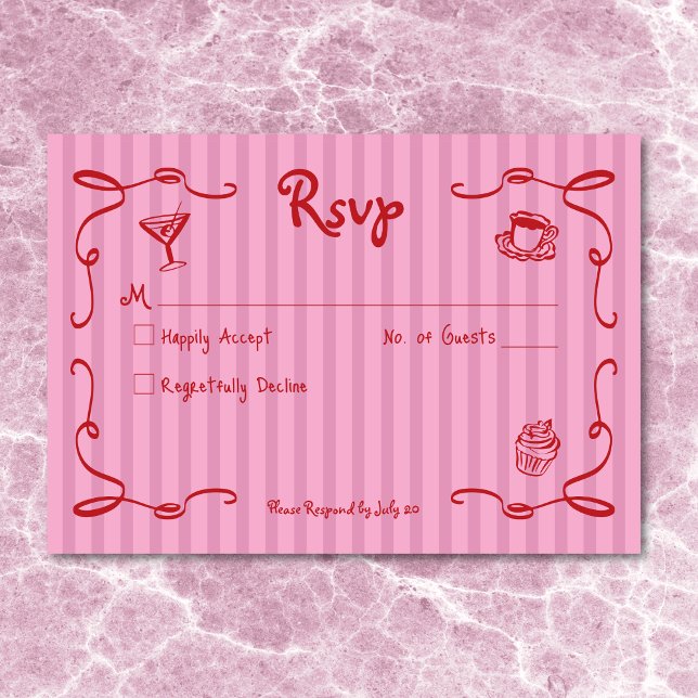 Cartons Réponse Bande de Mariage rouge rose blanc à main rétro (Whimsical Retro Hand Drawn Pink Red Wedding Stripe RSVP Card)