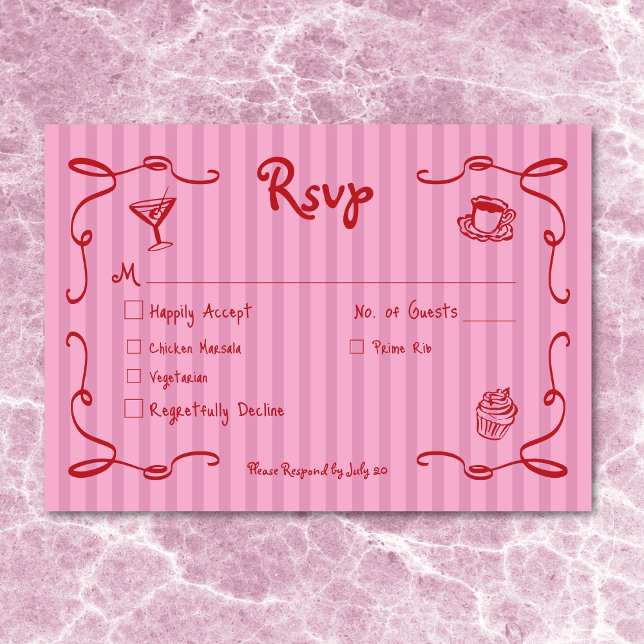 Cartons Réponse Bande de Mariage rouge rose blanc à main rétro (Whimsical Retro Hand Drawn Pink Red Wedding Stripe RSVP Card)