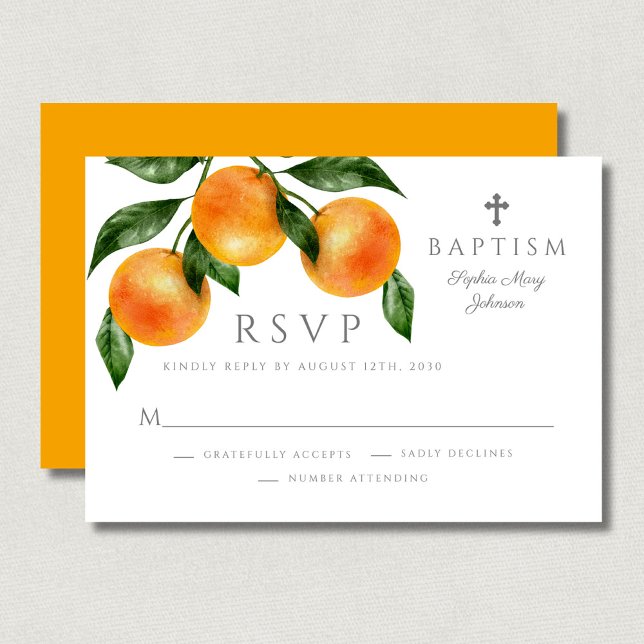 Cartons Réponse Baptême Fille Oranges Élégantes (Religious Cross Sage Green First Communion RSVP Card)
