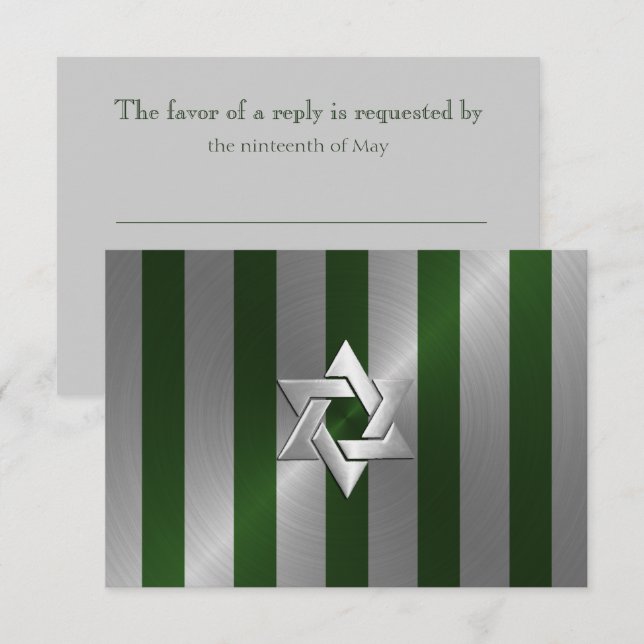 Cartons Réponse Bar Mitzvah Emerald Green et Silver Stripe (Devant / Derrière)