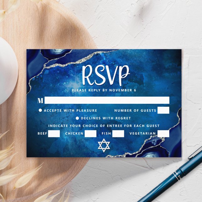 Cartons Réponse Bar Mitzvah Galaxie Agate Bleu Aquarelle Script (Créateur téléchargé)