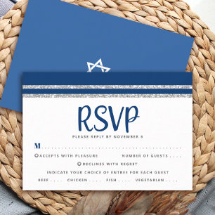 Cartons Réponse Bar Mitzvah Navy Bleu Tallit Argent Script Entrée