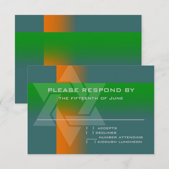 Cartons Réponse Bar Mitzvah orange et vert sur n'importe quelle co (Devant / Derrière)