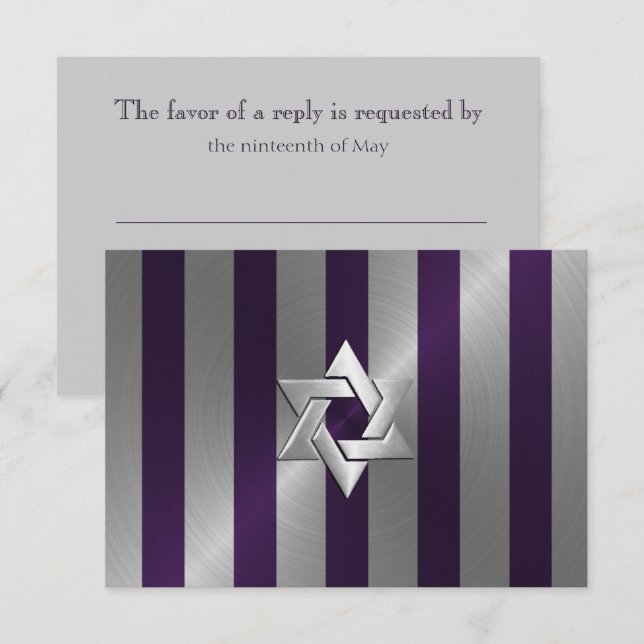 Cartons Réponse Bar Mitzvah Plum et Silver Stripe Star de David (Devant / Derrière)