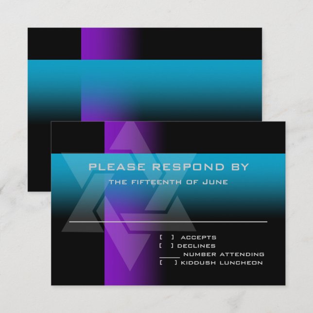 Cartons Réponse Bar Mitzvah violet et turquoise sur n'importe quel (Devant / Derrière)