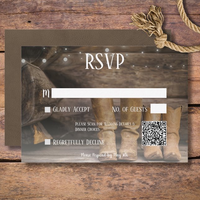 Cartons Réponse Barne & Bottes Rustique Cowboy Western Mariage QR  (Rustic Boots for Two Cowboy Wedding QR Code RSVP Card)