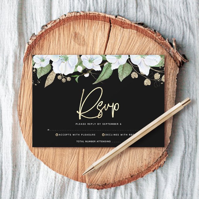 Cartons Réponse Bat mitzvah Black Gold Script Floral Aquarelle (Créateur téléchargé)