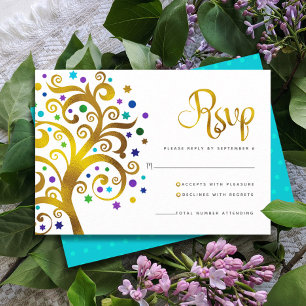 Cartons Réponse Bat mitzvah Moderne Gold Foil Bleu Arbre de vie