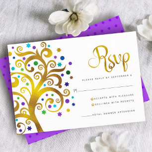 Cartons Réponse Bat mitzvah Purple Gold Foil Arbre de vie moderne