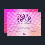 Cartons Réponse Bat mitzvah Retro Boho Rose Orange Gradient Entrée<br><div class="desc">Soyez fier, réjouissez-vous et présentez cette étape importante de votre Bat mitzvah préféré ! Inclure cette carte d'insertion professionnelle, rétro, personnalisée RSVP pour votre événement. Une typographie rose et violette foncée et amusante, tendance et audacieuse, avec une typographie sans serif moderne, recouvre un arrière - plan de rayons orange pop...</div>