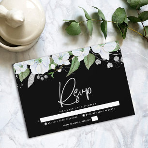 Cartons Réponse Bat Mitzvah script noir et argent floral aquarelle