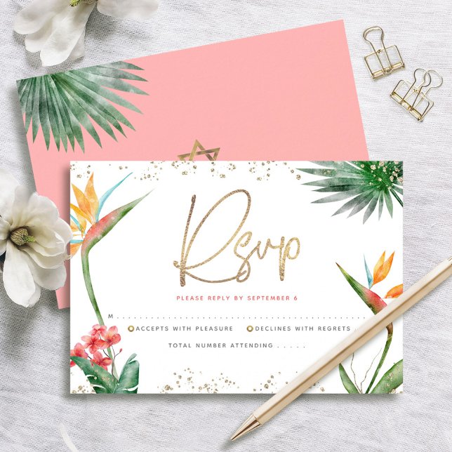 Cartons Réponse Bat mitzvah Tropical Gold Script Floral Aquarelle (Créateur téléchargé)