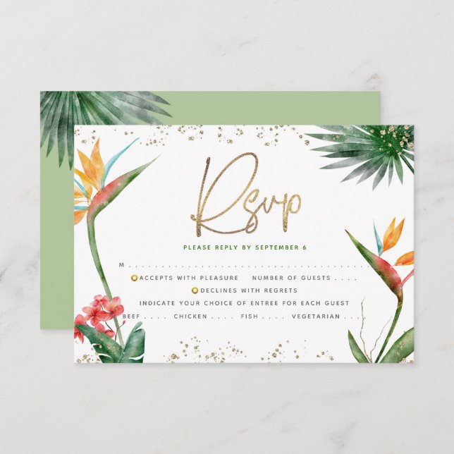 Cartons Réponse Bat mitzvah Tropical Gold Script Palm Aquarelle (Devant / Derrière)