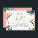 Cartons Réponse Bat mitzvah Tropical Gold Script Palm Aquarelle<br><div class="desc">Soyez fier, réjouissez-vous et célébrez cette étape importante de votre Bat mitzvah préféré avec cette carte d'insertion RSVP sophistiquée et personnalisée pour votre événement! Élégant, étonnant, coloré, oiseaux d'aquarelle tropicale des fleurs de paradis, faux écriture manuscrite or, Star of David et points de parties scintillant, avec le rose rose foncé...</div>