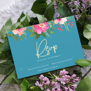 Cartons Réponse Batik Mitzvah Bleu Aquarelle Florale Or Script