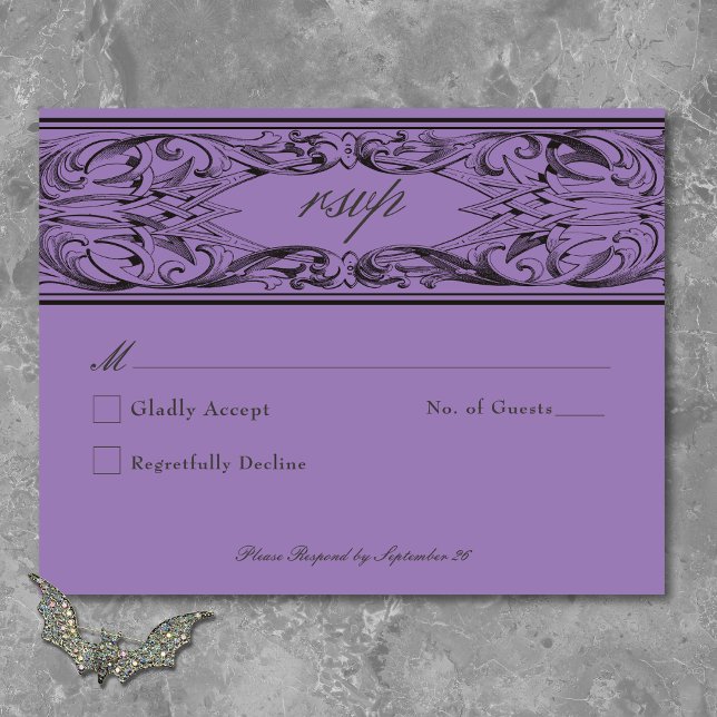 Cartons Réponse Batte victorienne jusqu'à la mort Mariage noir et  (Victorian Bat Until Death Black & Purple Wedding RSVP Card)
