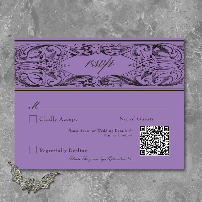 Cartons Réponse Batte victorienne jusqu'à la mort Mariage noir et  (Victorian Bat Until Death Black & Purple Wedding RSVP Card)