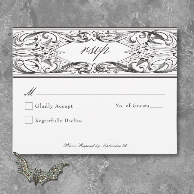 Cartons Réponse Batte victorienne jusqu'à la mort Mariage noir et  (Victorian Bat Until Death Black & White Wedding RSVP Card)