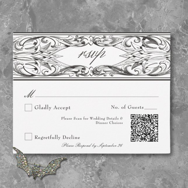 Cartons Réponse Batte victorienne jusqu'à la mort Mariage noir et  (Victorian Bat Until Death Black & White Wedding RSVP Card)