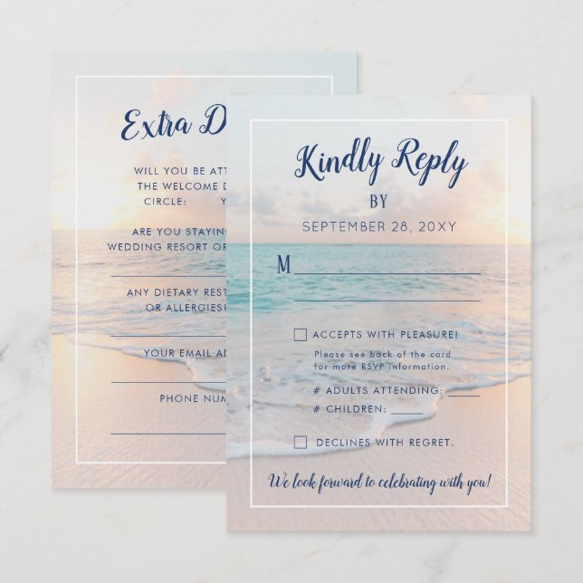 Cartons Réponse Beach Destination Wedding Ocean Sunset Détails (Devant / Derrière)