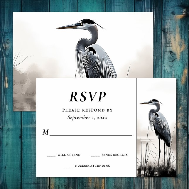 Cartons Réponse Beau Grand Héron Bleu Mariage d'oiseaux côtiers (Beautiful Great Blue Heron Water Bird Wedding RSVP Card)