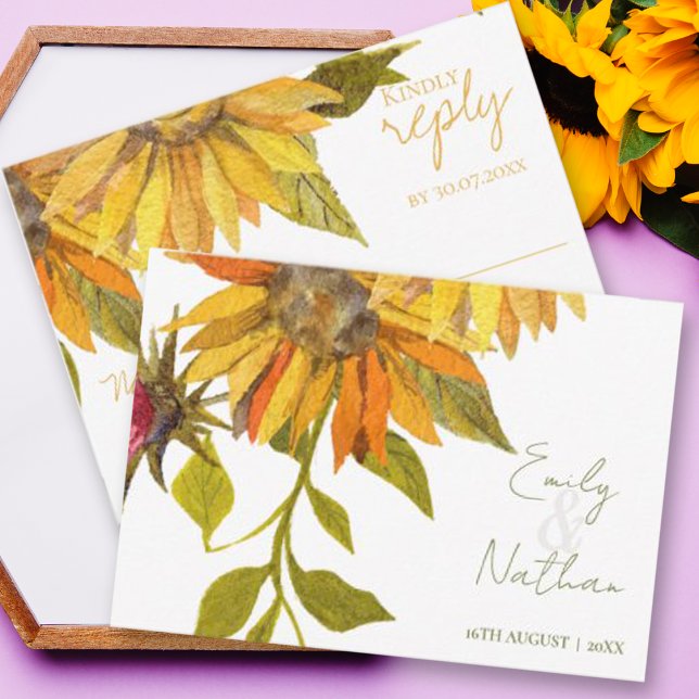 Cartons Réponse Beau Joli Mariage fleuri de tournesol jaune (Beautiful Pretty Yellow Sunflower Floral Wedding RSVP Card)