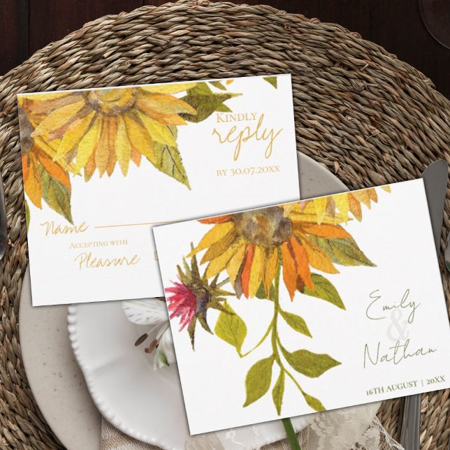 Cartons Réponse Beau Joli Mariage fleuri de tournesol jaune (Beautiful Pretty Yellow Sunflower Floral Wedding RSVP Card)