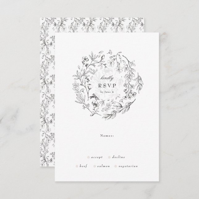 Cartons Réponse Beau Monogramme Floral Mariage de couronne dessiné (Devant / Derrière)