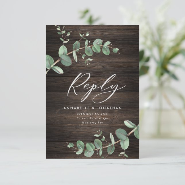 Cartons Réponse beau vert eucalyptus mariage bois foncé (Debout devant)