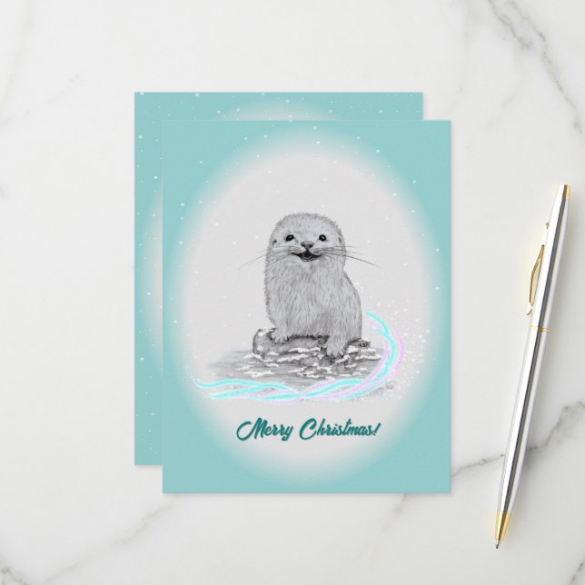 Cartons Réponse Bébé loutre de mer blanche mignonne, Joyeux Noël (Devant/Arrière en situation)