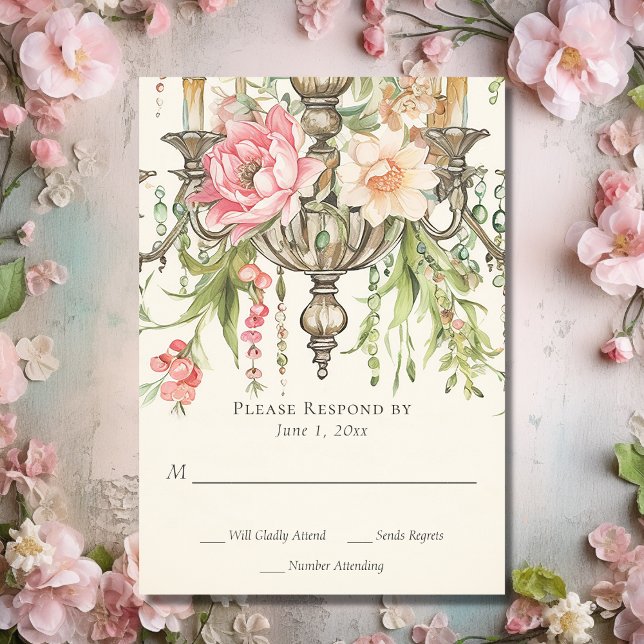 Cartons Réponse Belle aquarelle Mariage de lustre Floral (Front - Beautiful Watercolor Floral Chandelier Wedding RSVP Card)