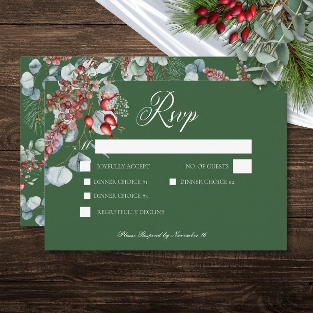 Cartons Réponse Berries de pin d'hiver vert Mariage Eucalyptus (Green Winter Pine Berries Eucalyptus Wedding RSVP Card)