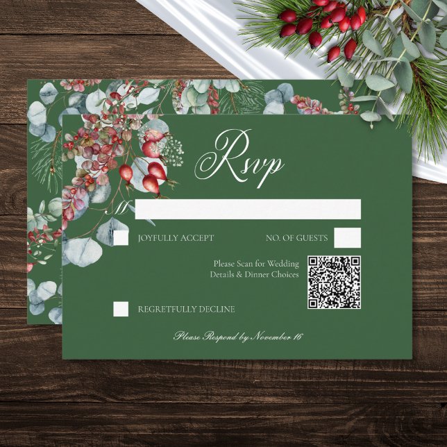 Cartons Réponse Berries de pin d'hiver vert Mariage Eucalyptus (Green Winter Pine Berries Eucalyptus Wedding RSVP Card)