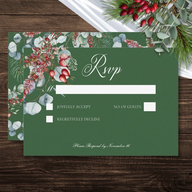 Cartons Réponse Berries de pin d'hiver vert Mariage Eucalyptus (Green Winter Pine Berries Eucalyptus Wedding RSVP Card)