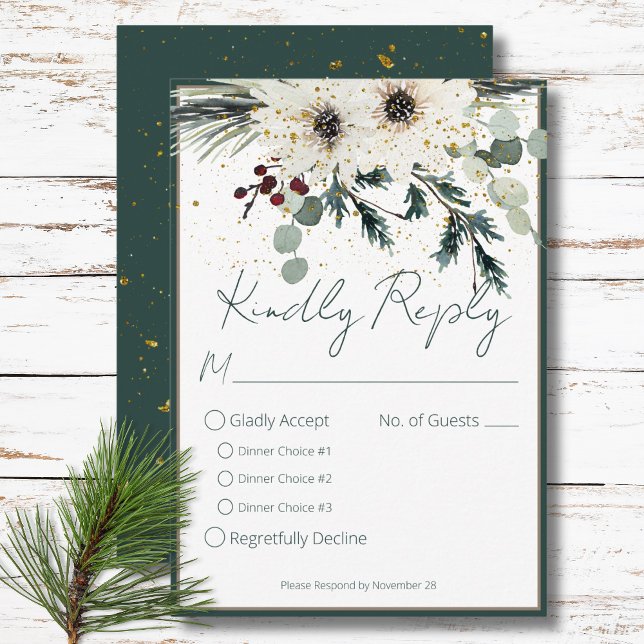 Cartons Réponse Berries Rustiques Winter Floral Dîner Mariage (Rustic Berries Winter Floral Dinner Wedding RSVP Card)
