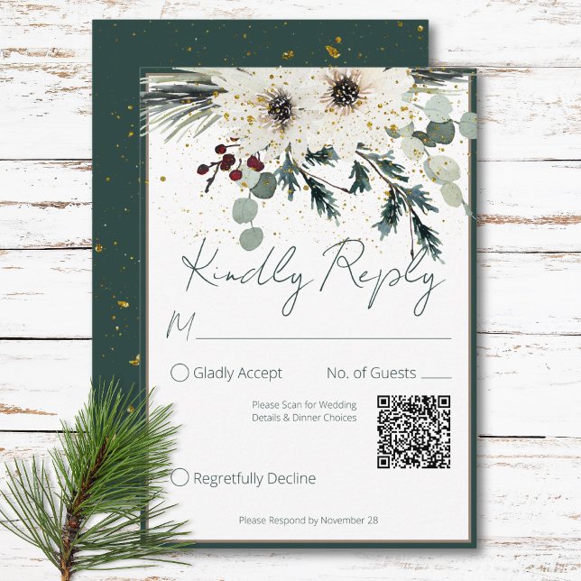Cartons Réponse Berries Rustiques Winter Floral QR Code Mariage (Rustic Berries Winter Floral QR Code Wedding RSVP Card)