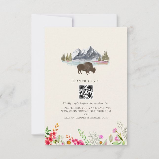 Cartons Réponse Bison Watercolor Mountains Floral Mariage QR (Devant)